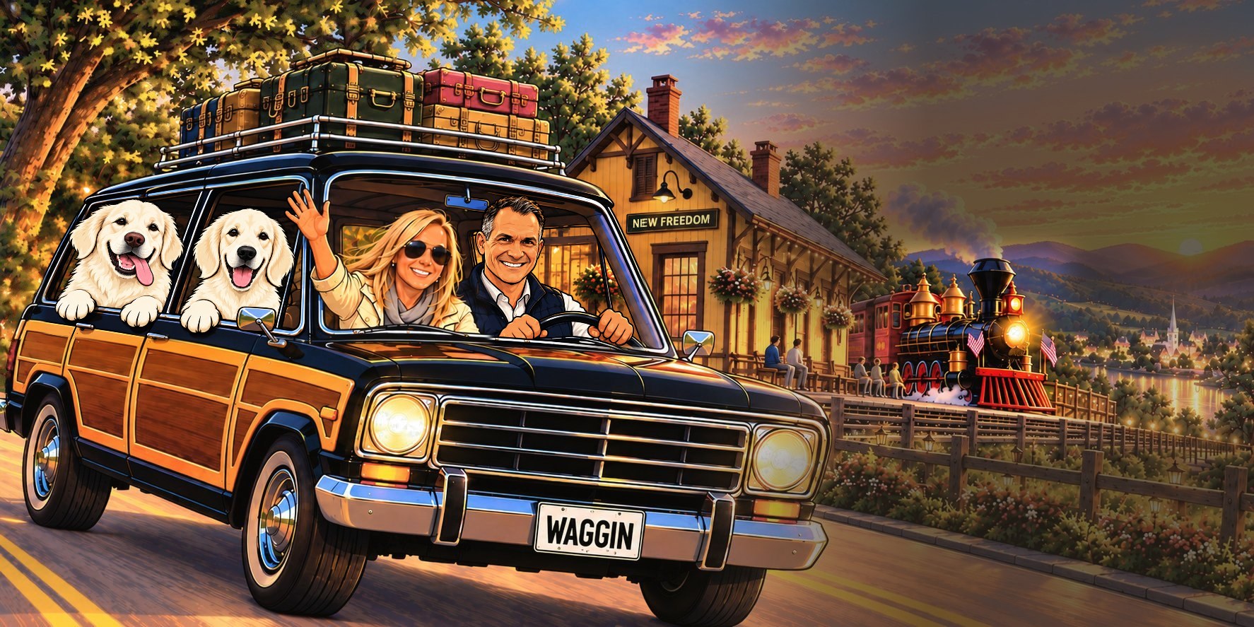 Cartoon of Trey and Kelly waving from a black woody wagon at the New Freedom depot at sunset, with Theo and Beau leaning out the back windows