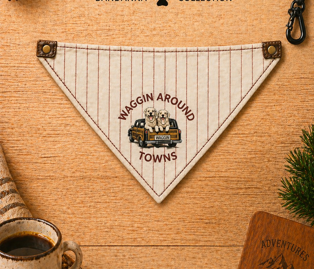 Captain bandanna — cream linen with rust pinstripes and brand badge