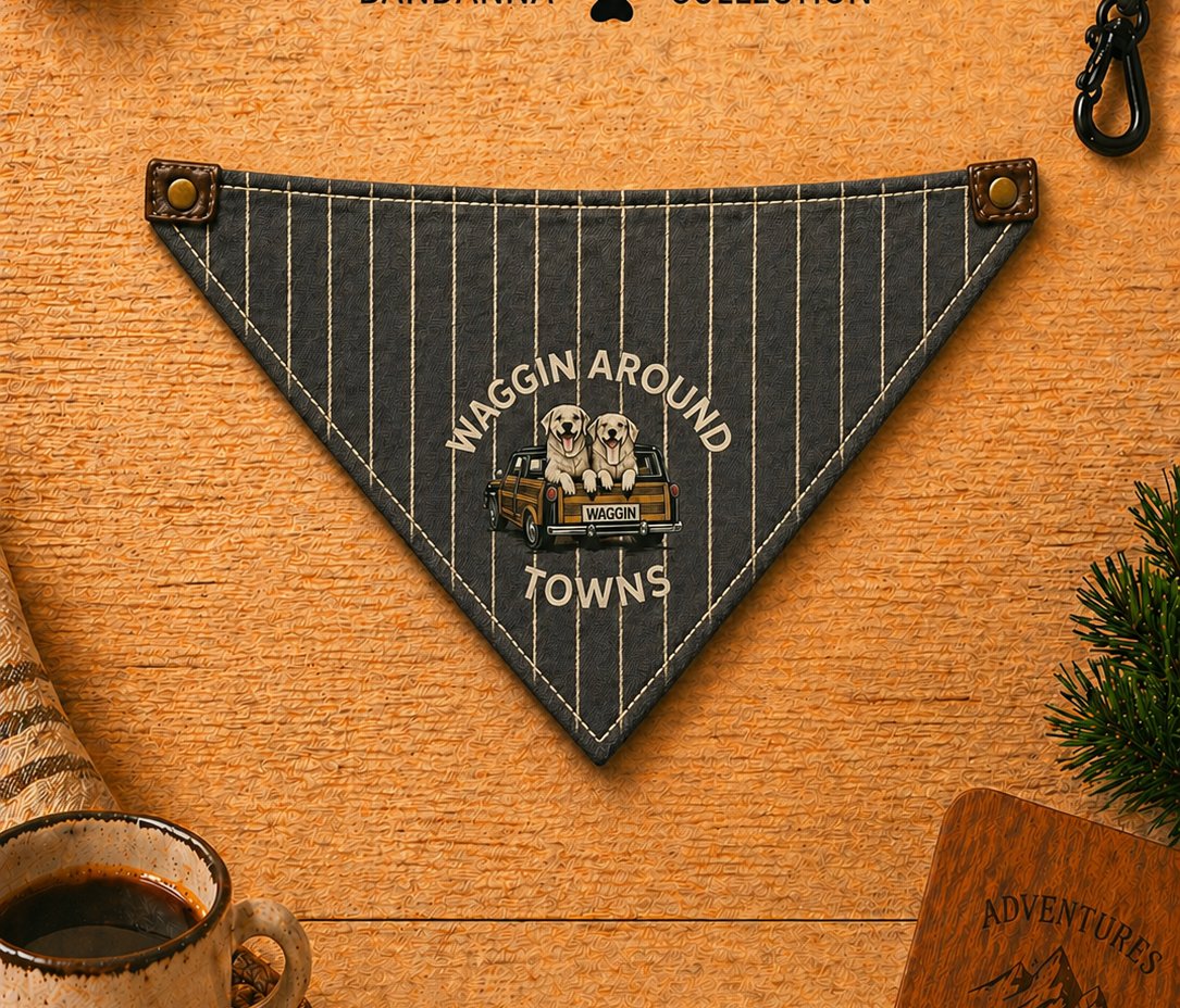 Tuxedo bandanna — charcoal with cream pinstripes and brand badge