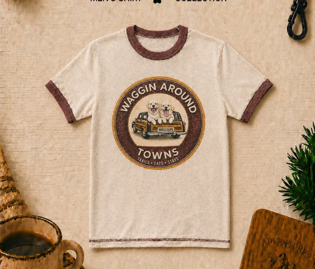 Cardinal men's shirt — cream body with burgundy ringer and large center WAT badge