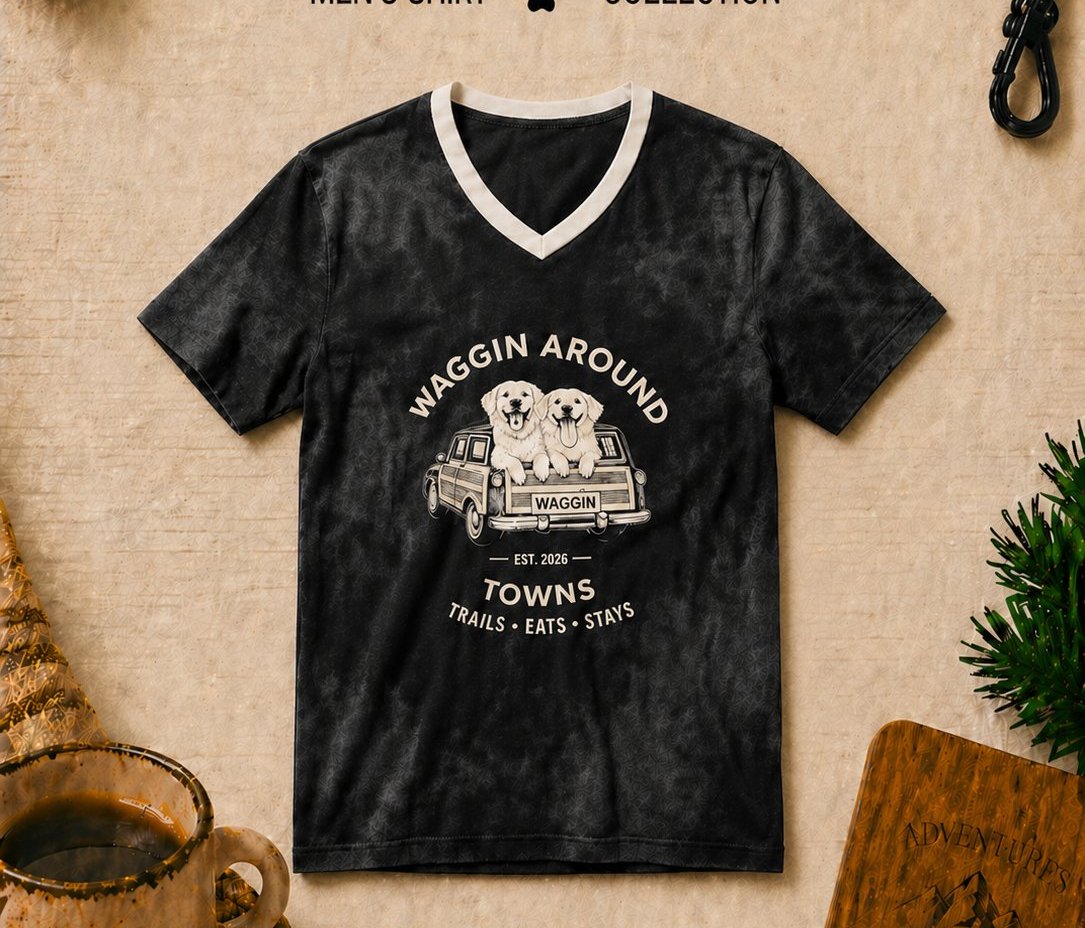 Tuxedo men's shirt — heathered black V-neck with cream pigment-ink graphic