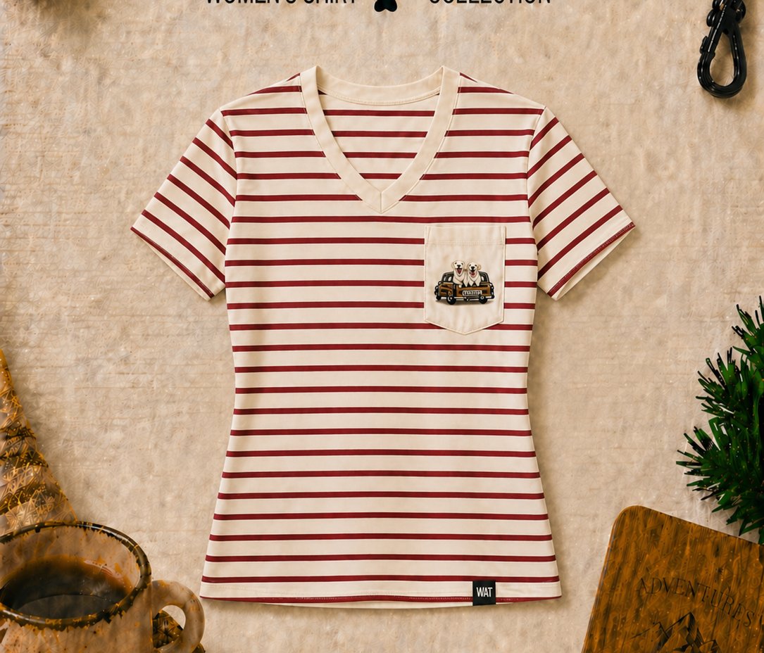 Drifter women's shirt — red and cream striped V-neck with pocket badge