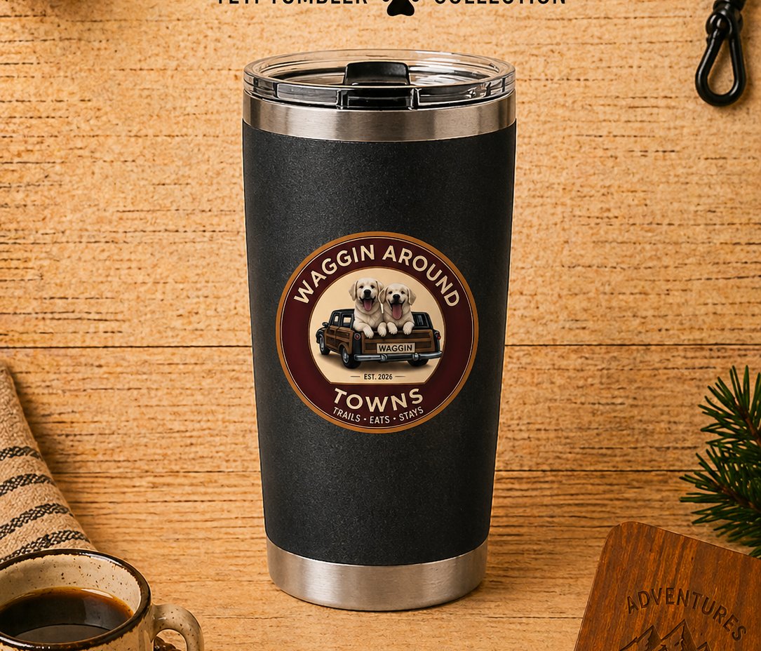 Tuxedo Yeti tumbler — charcoal body with stainless rim and WAT badge